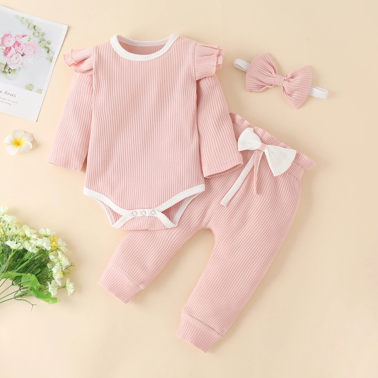 Sweet Girls Fall Cotton Lace Ruffle Bodysuit + Pants + Headband