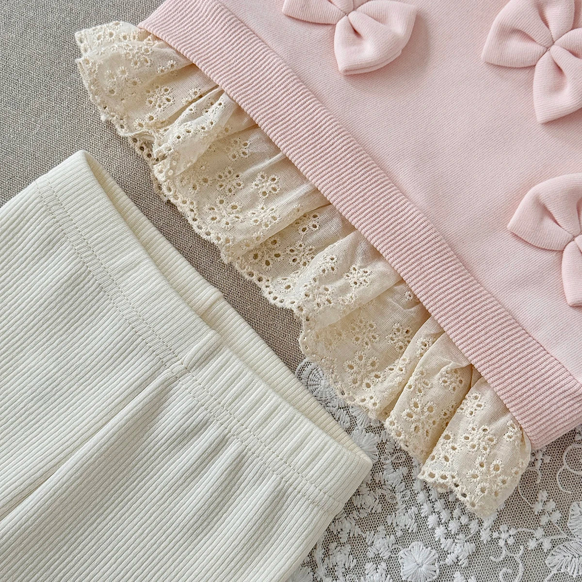 Bow Sweater- Pink and Cream Sweater and Pant Set with Bows and Lace Hem 6m-3t