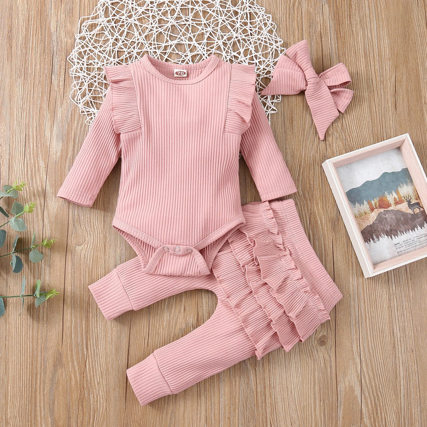 Sweet Girls Fall Cotton Lace Ruffle Bodysuit + Pants + Headband