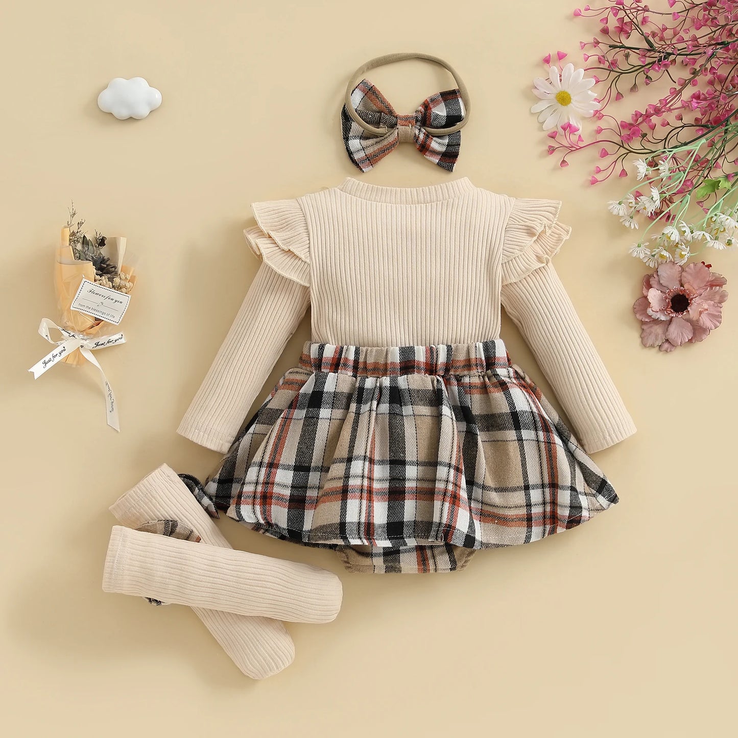 Fall Legwarmer Romper with Headband and Socks- 3pc Set