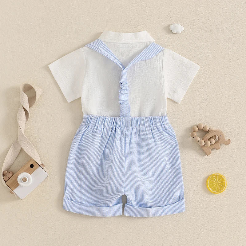 The Little Gentleman Outfit: Short Sleeve Lapel Neck Shirt Romper + Stripe Suspender Shorts + Bowtie
