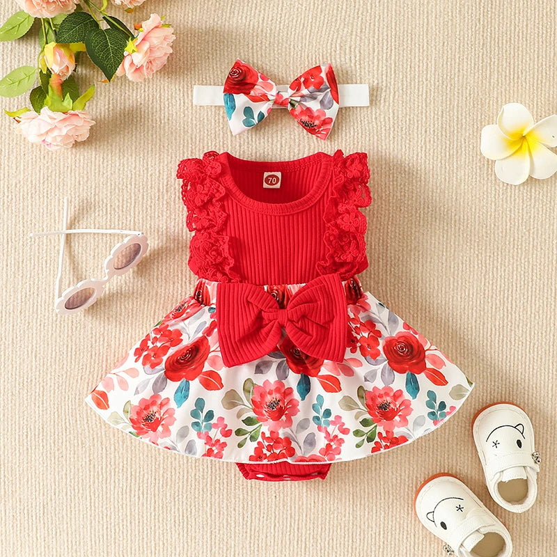 Adorable 2-piece Floral  Baby Romper Dress and Bow Set  0-18M