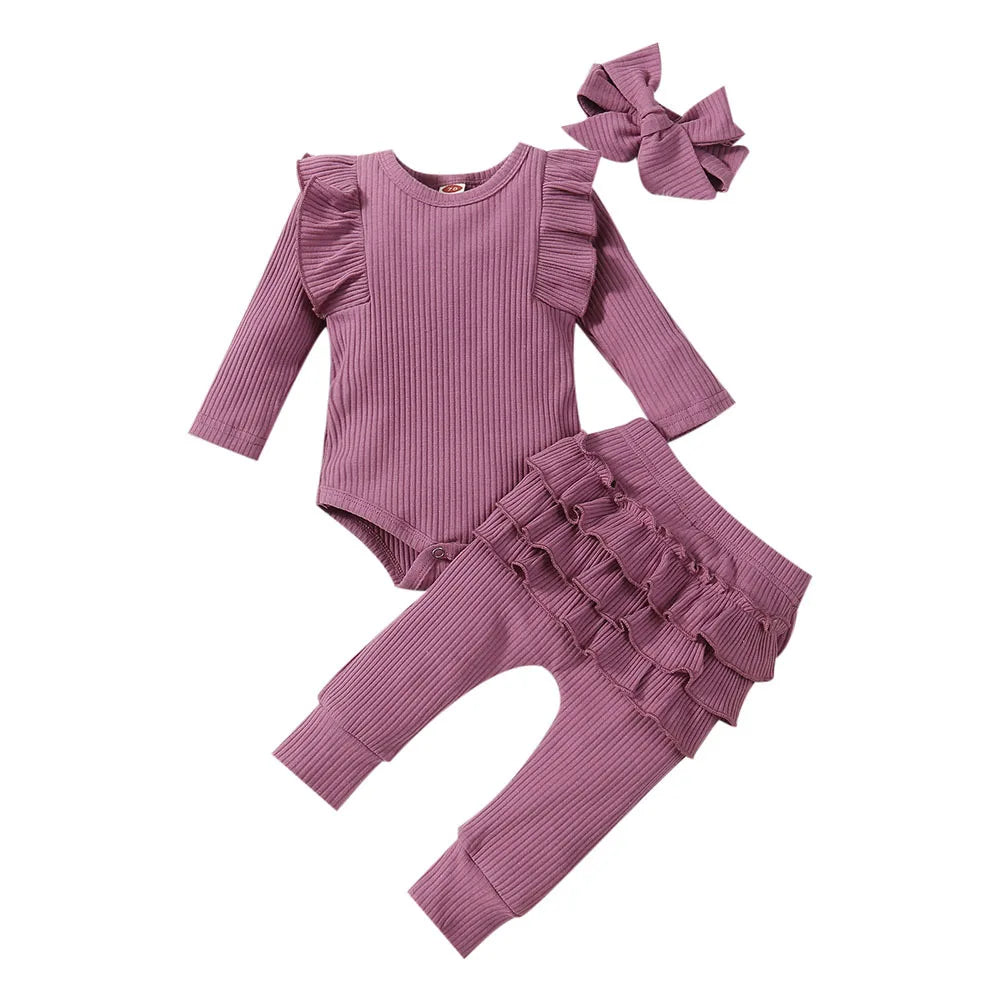 Sweet Girls Fall Cotton Lace Ruffle Solid Print Bodysuit + Pants + Headband