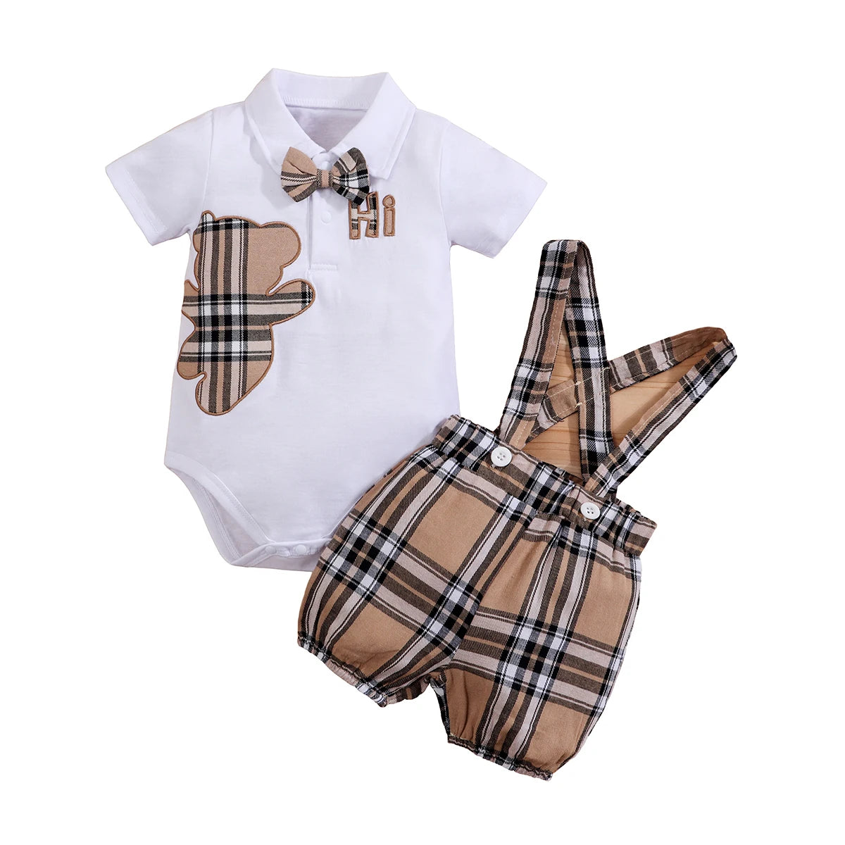 Handsome Boys Plaid Bear Bodysuit & Suspenders Overall Newborn Outfits 0-18M