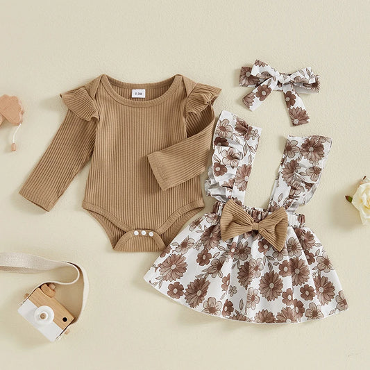 Spiced Harvest Long Sleeve Ribbed Romper + Suspender-Skirt + Headband 3 Piece Set  0-18M