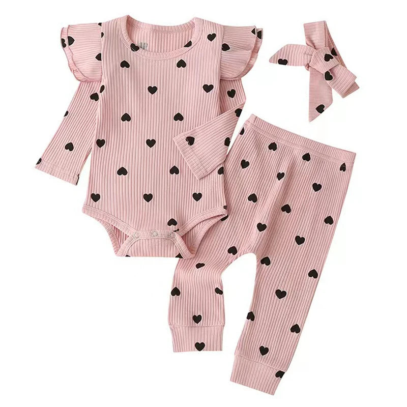Sweet Girls Fall Cotton Lace Ruffle Bodysuit + Pants + Headband