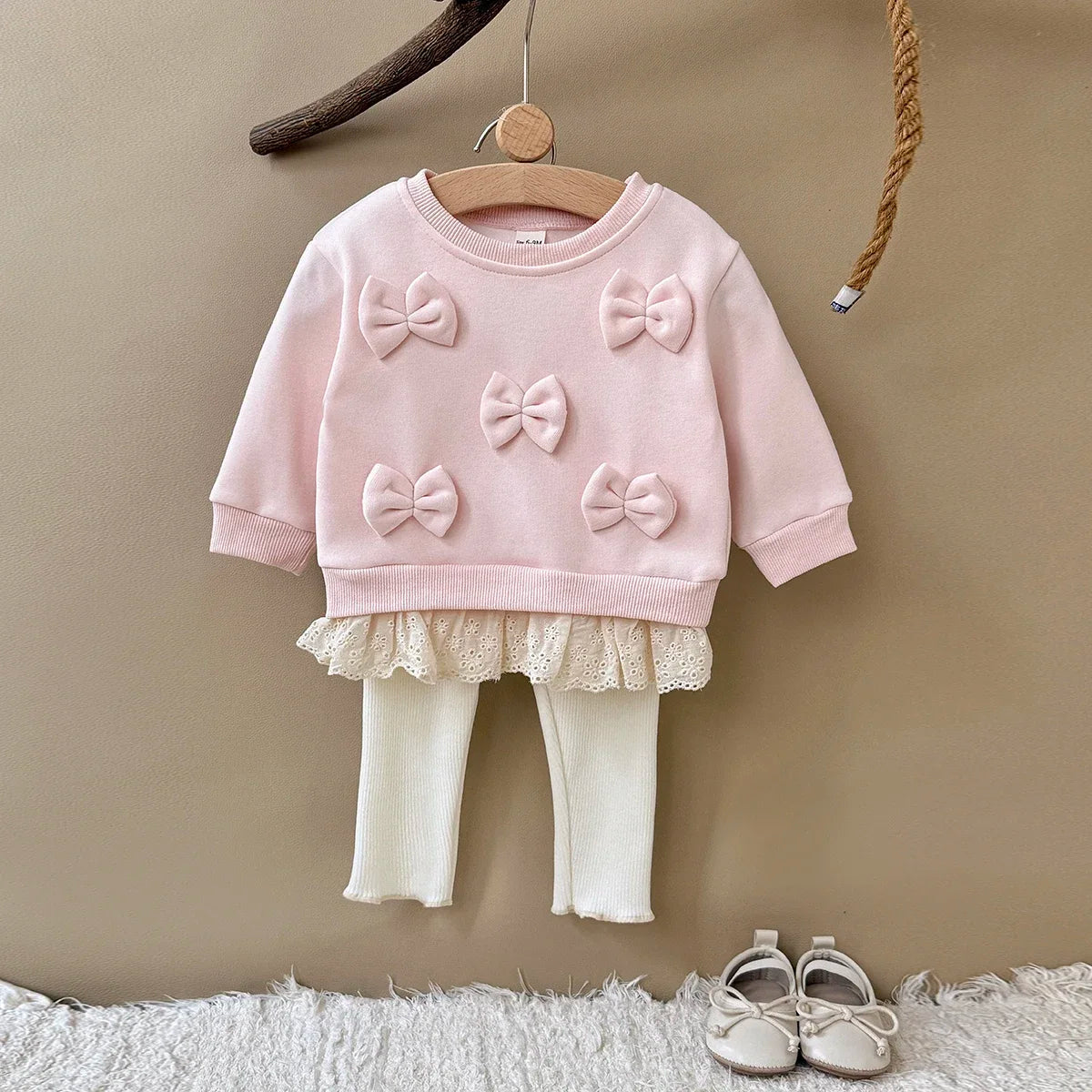 Bow Sweater- Pink and Cream Sweater and Pant Set with Bows and Lace Hem 6m-3t
