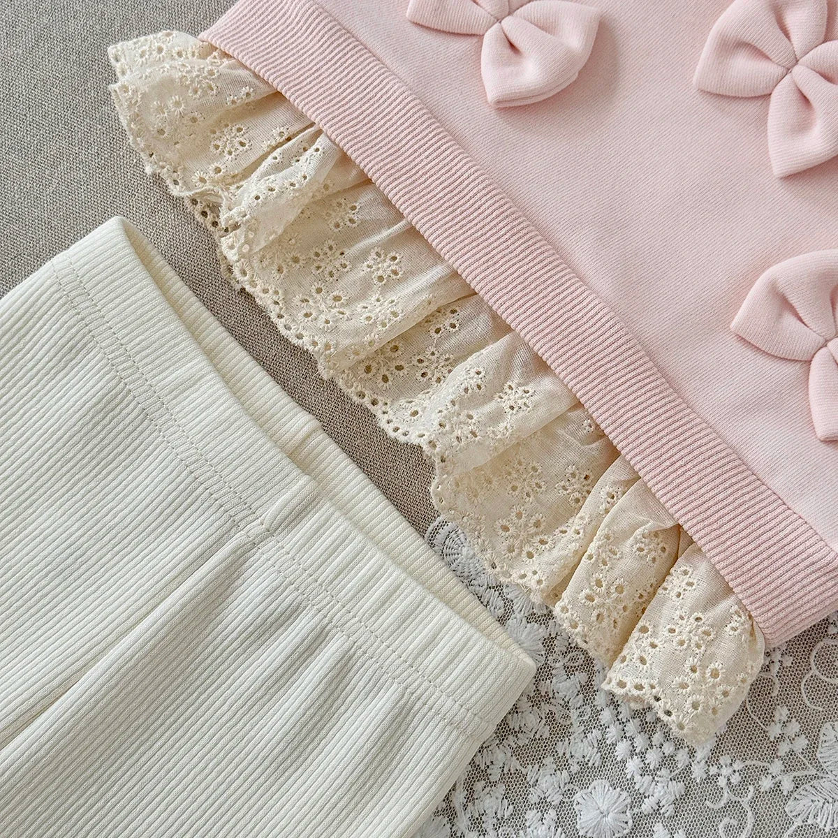 Bow Sweater- Pink and Cream Sweater and Pant Set with Bows and Lace Hem 6m-3t