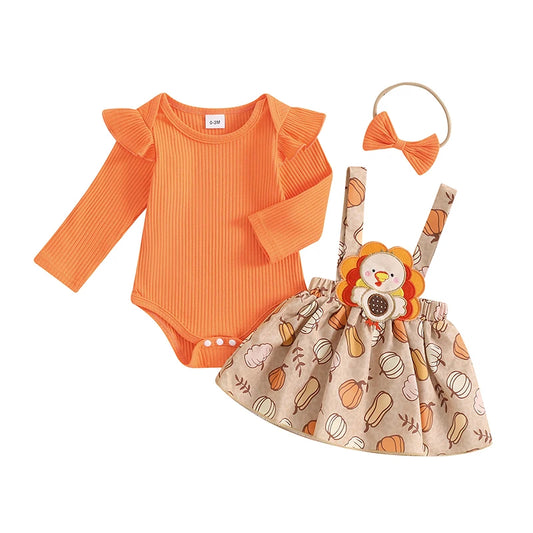 Harvest Dress: Long Sleeve Romper and Pumpkin Print Turkey Suspender-Skirt with Cute Headband (3 Piece)