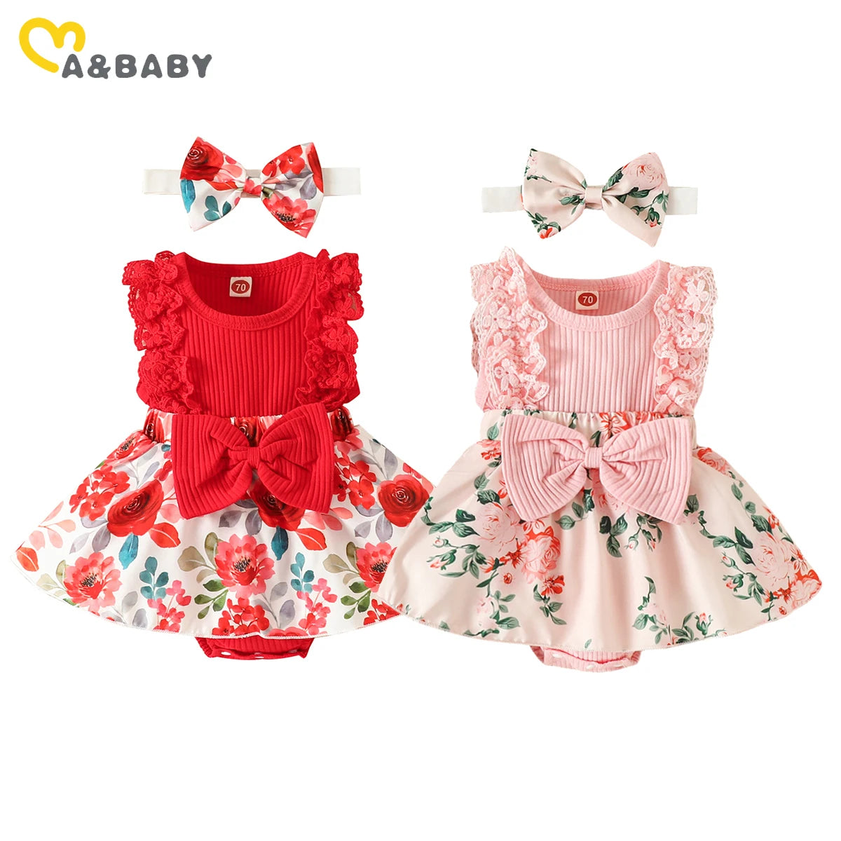 Adorable 2-piece Floral  Baby Romper Dress and Bow Set  0-18M