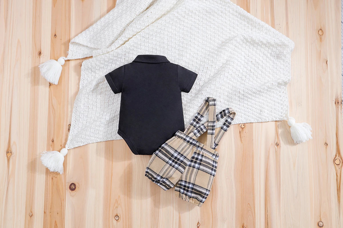 Handsome Plaid Bear Bodysuit & Suspenders Overall Newborn Outfits 0-18M