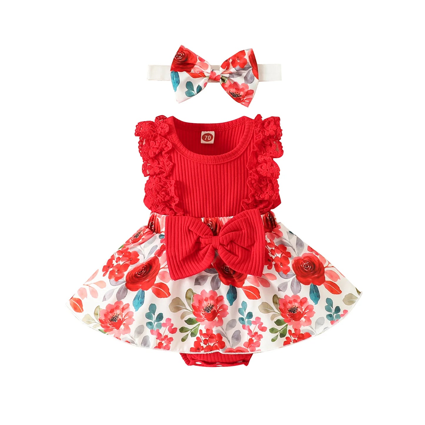 Adorable 2-piece Floral  Baby Romper Dress and Bow Set  0-18M