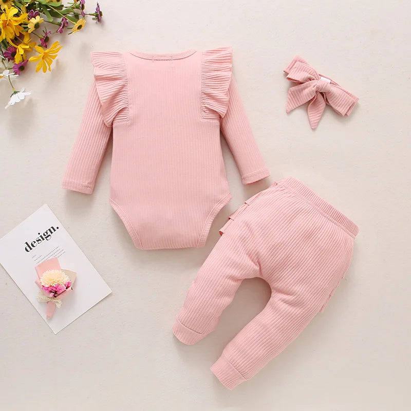 Sweet Girls Fall Cotton Lace Ruffle Solid Print Bodysuit + Pants + Headband