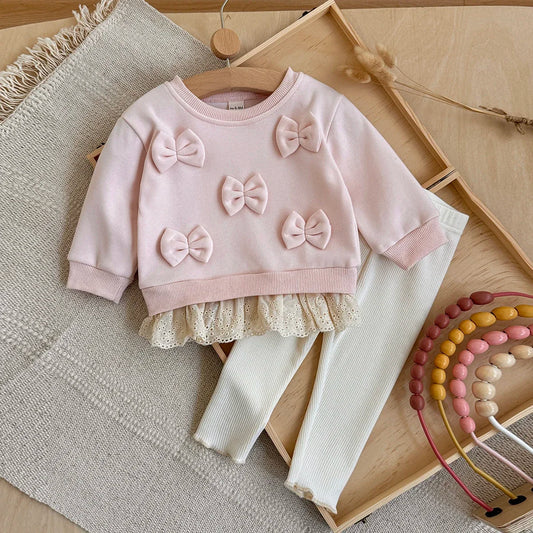 Bow Sweater- Pink and Cream Sweater and Pant Set with Bows and Lace Hem 6m-3t
