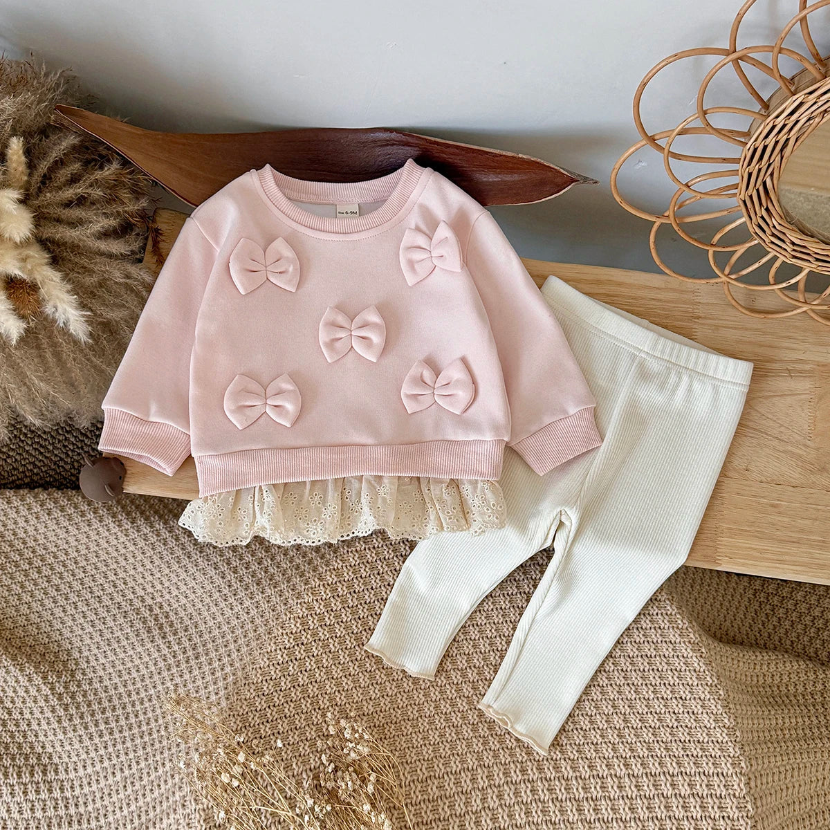 Bow Sweater- Pink and Cream Sweater and Pant Set with Bows and Lace Hem 6m-3t