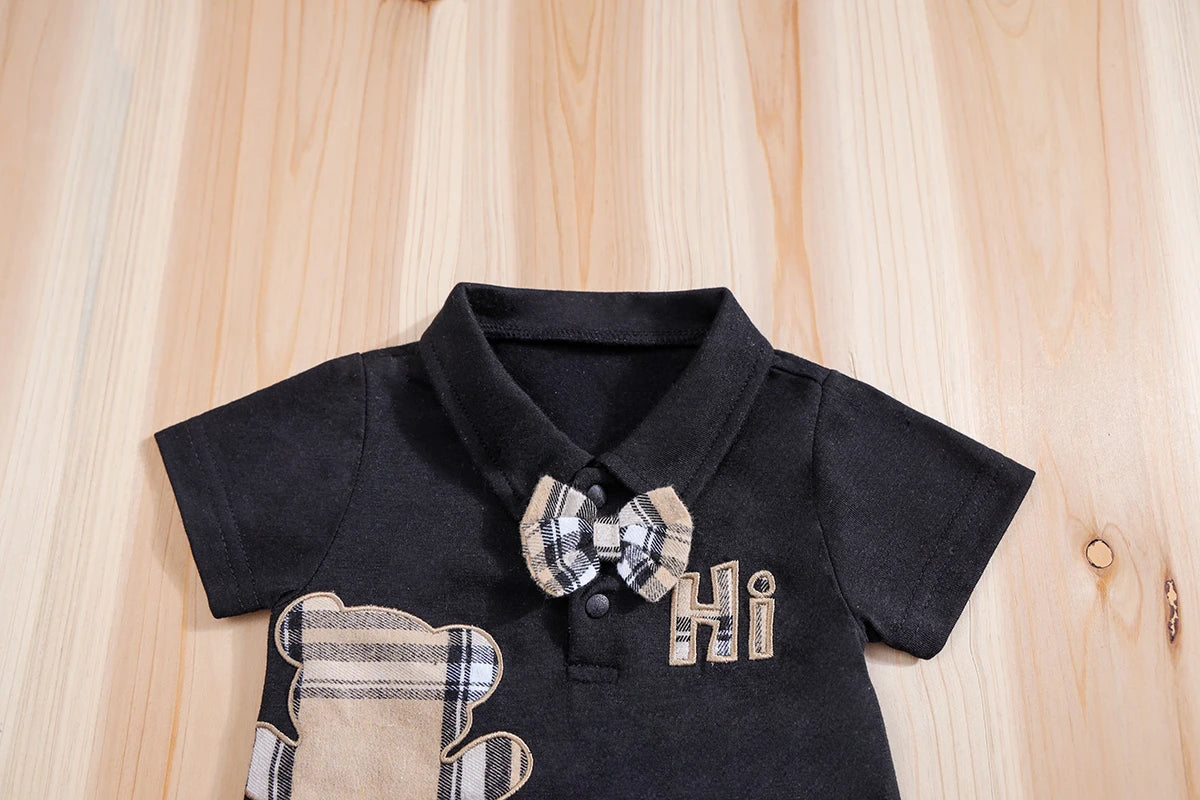 Handsome Plaid Bear Bodysuit & Suspenders Overall Newborn Outfits 0-18M