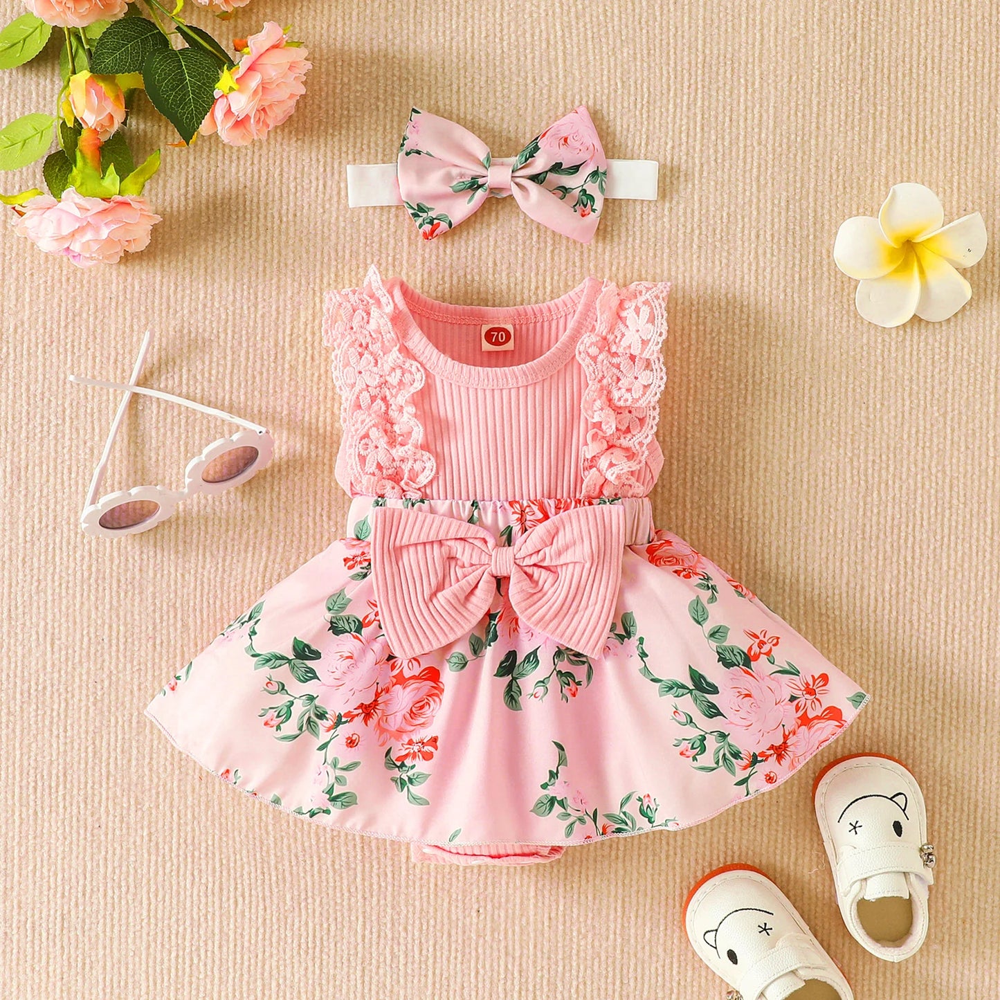 Adorable 2-piece Floral  Baby Romper Dress and Bow Set  0-18M