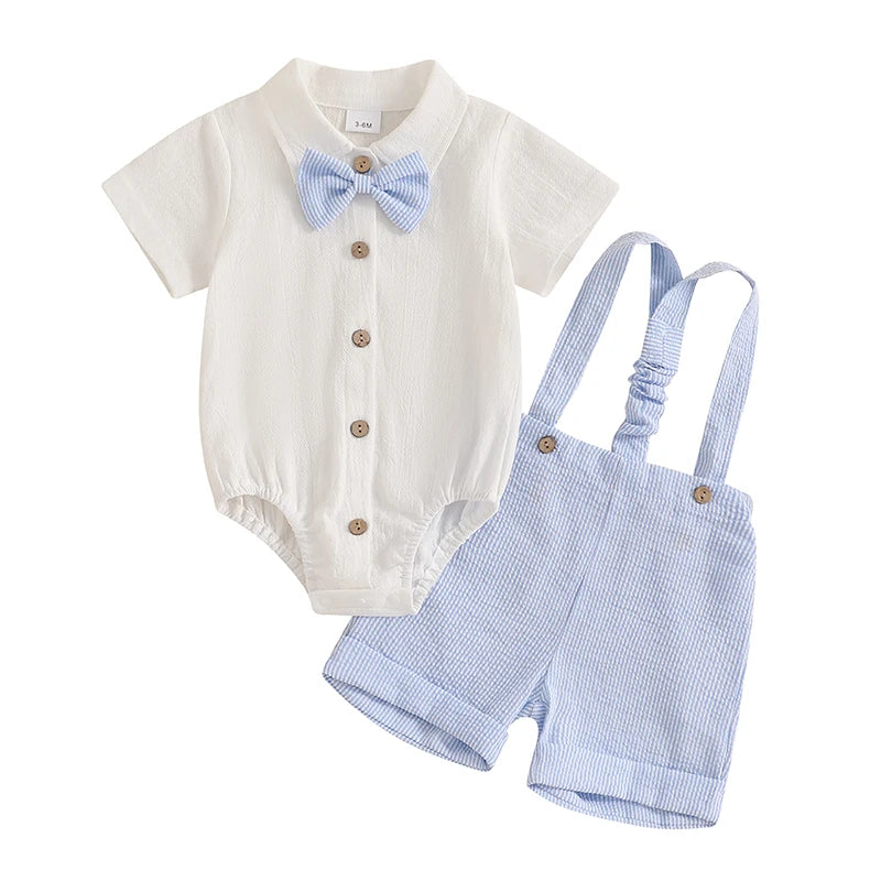The Little Gentleman Outfit: Short Sleeve Lapel Neck Shirt Romper + Stripe Suspender Shorts + Bowtie