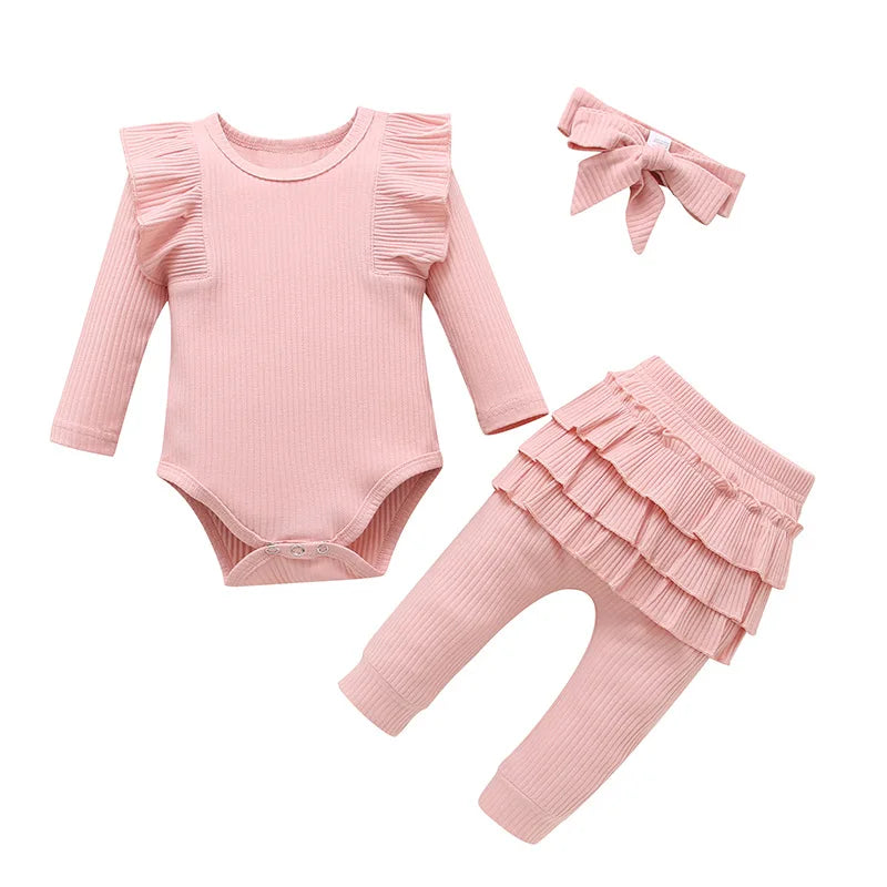 Sweet Girls Fall Cotton Lace Ruffle Solid Print Bodysuit + Pants + Headband