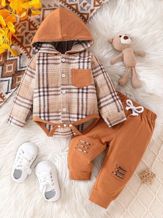 Harvest Orange Plaid Hooded Set - Vintage Inspired Design