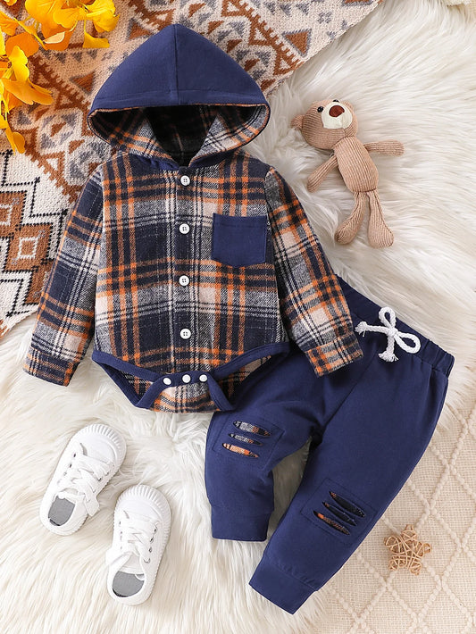 Rustic Navy Plaid Hooded Two-Piece Set:  Vintage Inspired Style