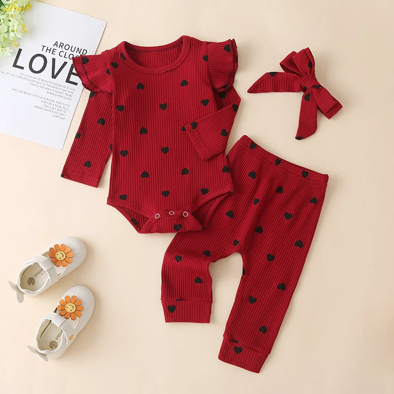 Sweet Girls Fall Cotton Lace Ruffle Bodysuit + Pants + Headband