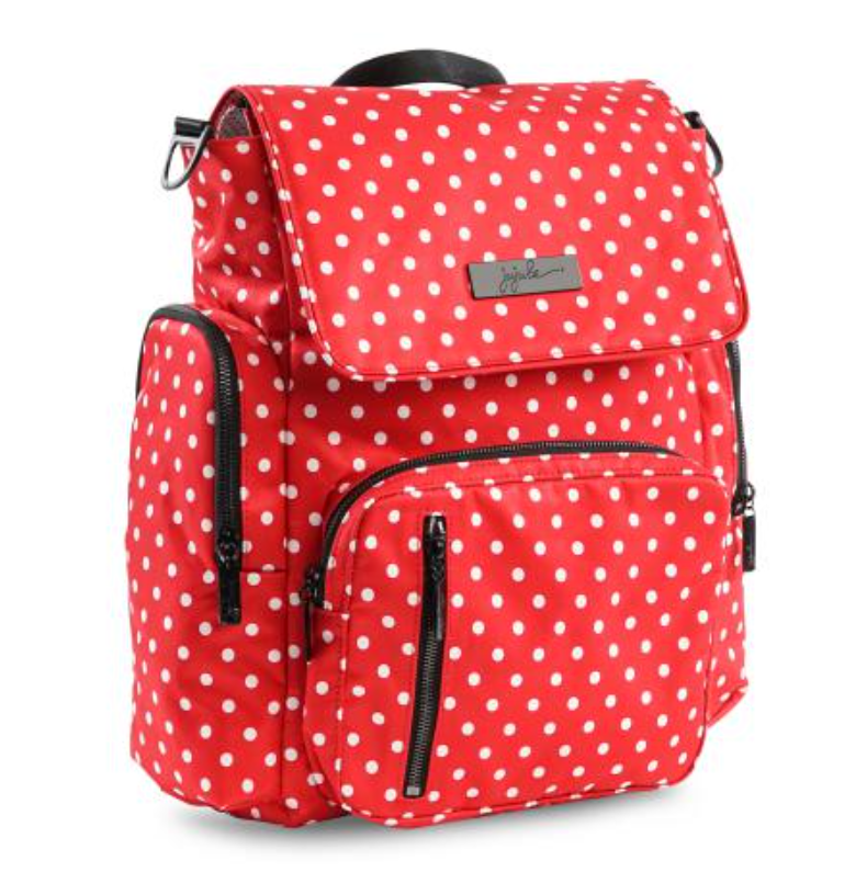 JuJuBe Be Sporty Backpack/Diaper Bag Onyx Collection - Black Ruby - Red/White Polka Dots