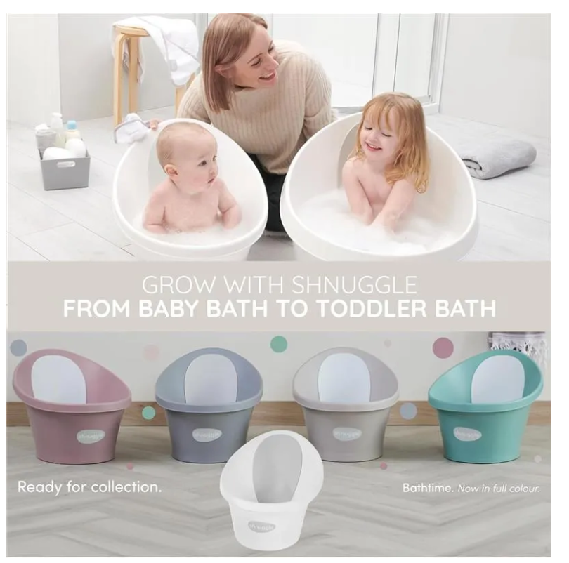 Shnuggle Newborn Baby Bath | Built in Support Bump and Soft Backrest | Suitable from Newborn | Bath Seat Support Includes Plug | Pebble Grey