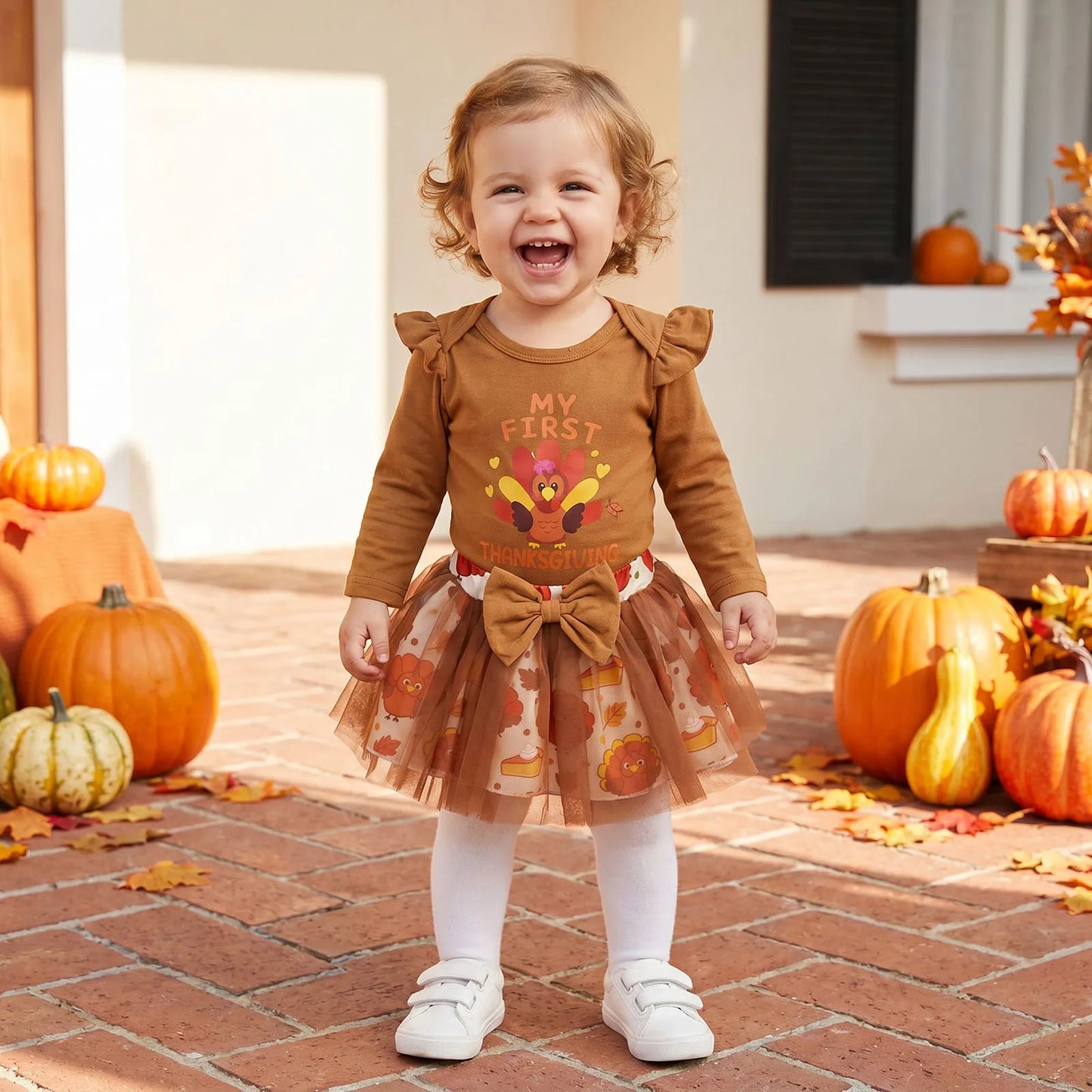 Adorable "My First Thanksgiving" 3 Pcs Outfit: Long Sleeve Romper and Mesh Skirt with Bow Headband - Set