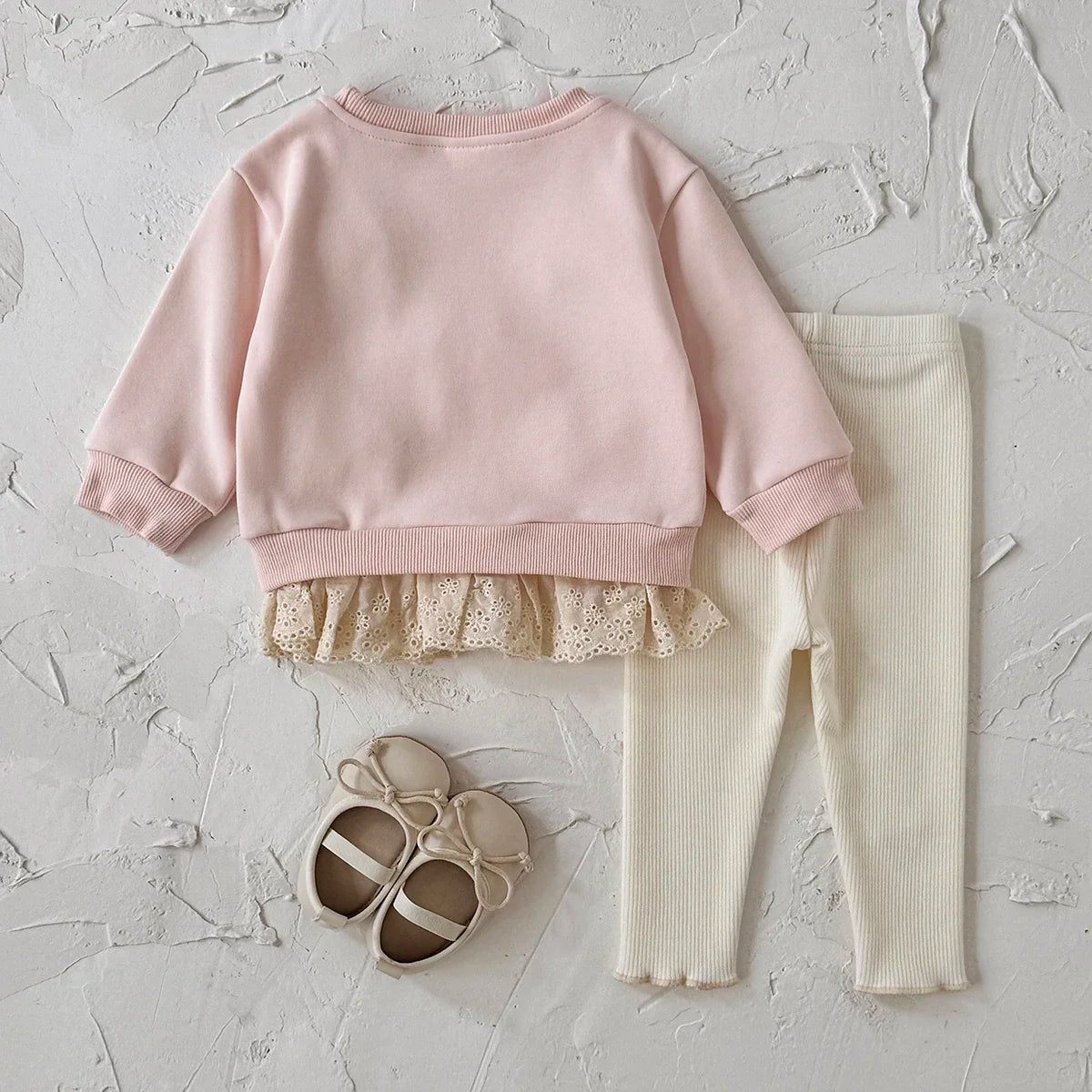 Bow Sweater- Pink and Cream Sweater and Pant Set with Bows and Lace Hem 6m-3t