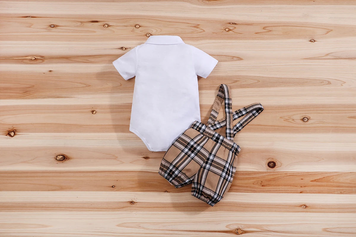 Handsome Plaid Bear Bodysuit & Suspenders Overall Newborn Outfits 0-18M