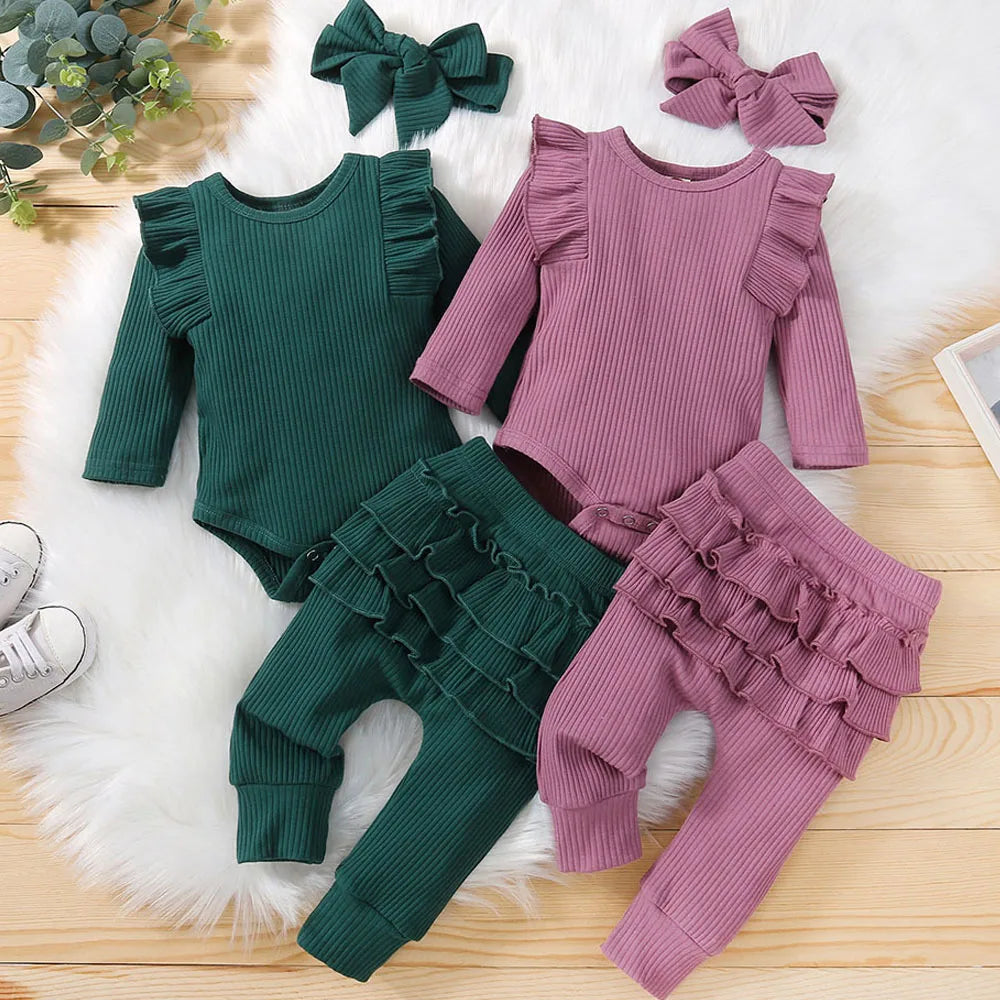 Sweet Girls Fall Cotton Lace Ruffle Solid Print Bodysuit + Pants + Headband