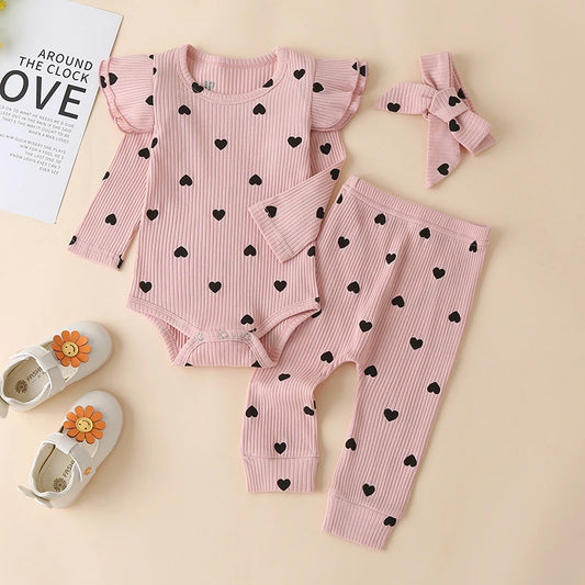 Sweet Girls Fall Cotton Lace Ruffle Heart Print Bodysuit + Pants + Headband