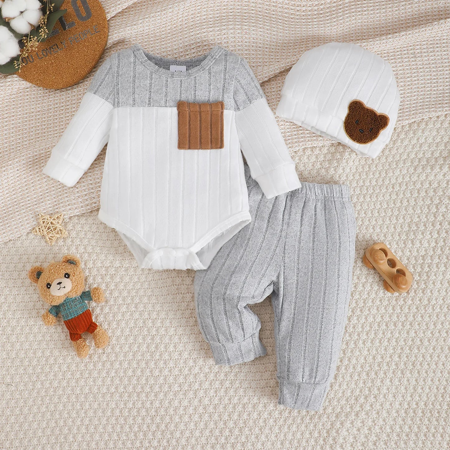 0-18 Month Baby Boy Autumn Round neck Fashion Blocked Bodysuit + Pants + Hat 3Pcs/set