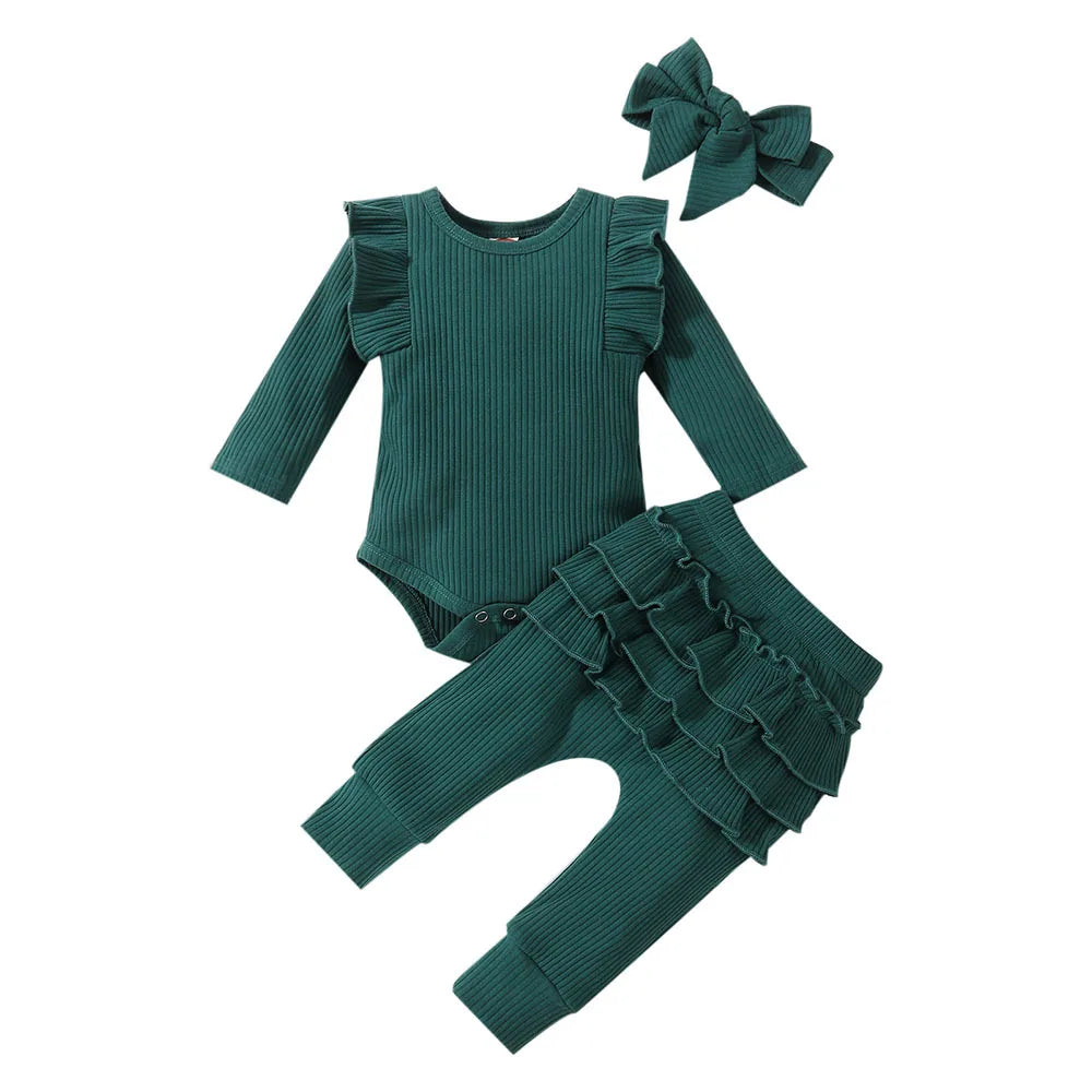 Sweet Girls Fall Cotton Lace Ruffle Solid Print Bodysuit + Pants + Headband