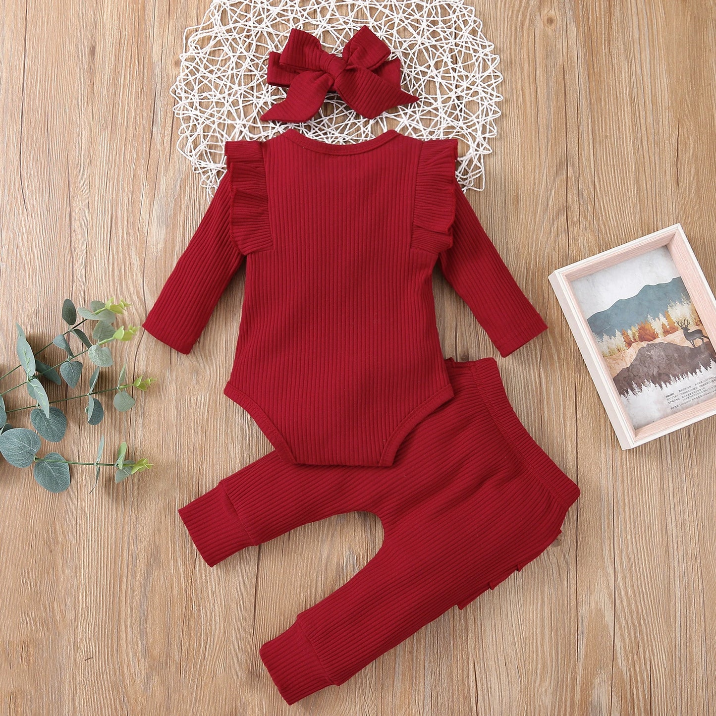 Sweet Girls Fall Cotton Lace Ruffle Bodysuit + Pants + Headband