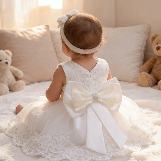 Special Occasion Dress: Baptism, Flower Girl or Birthday Party Dress and Hairbow For Toddler Birthday Wedding Christening Infant Party Christmas Gown