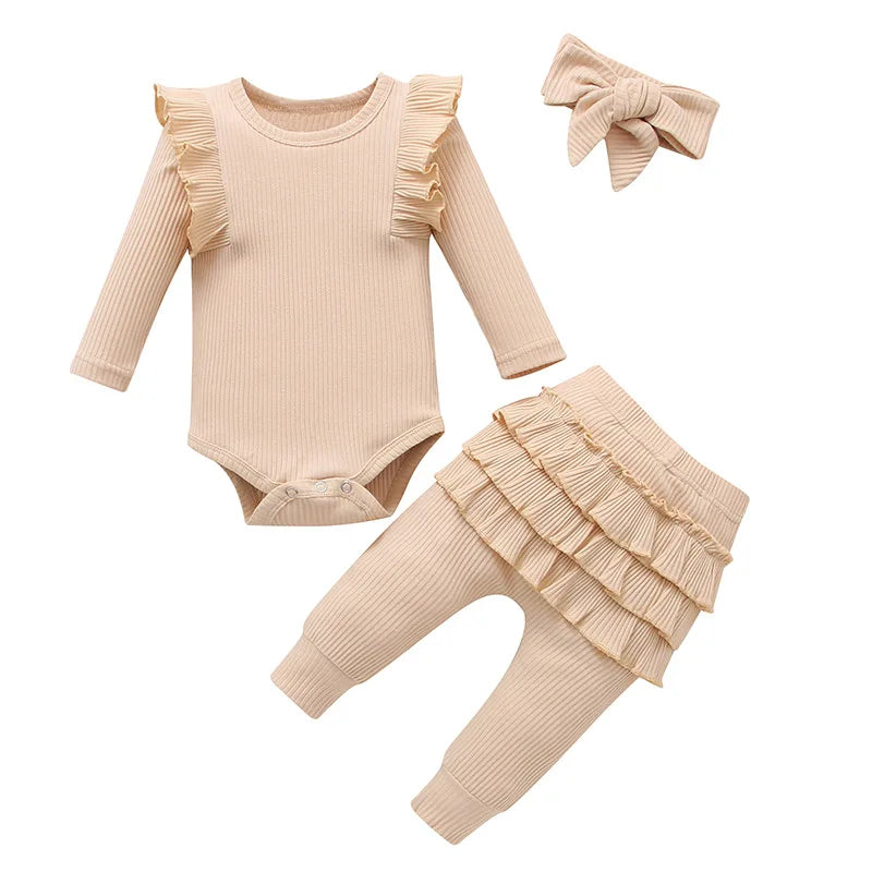 Sweet Girls Fall Cotton Lace Ruffle Solid Print Bodysuit + Pants + Headband