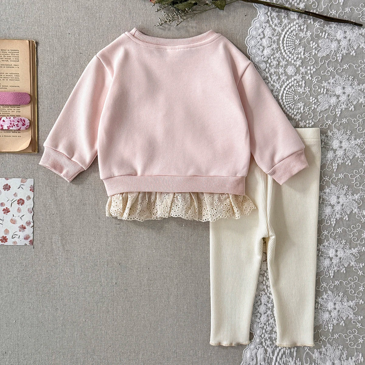 Bow Sweater- Pink and Cream Sweater and Pant Set with Bows and Lace Hem 6m-3t