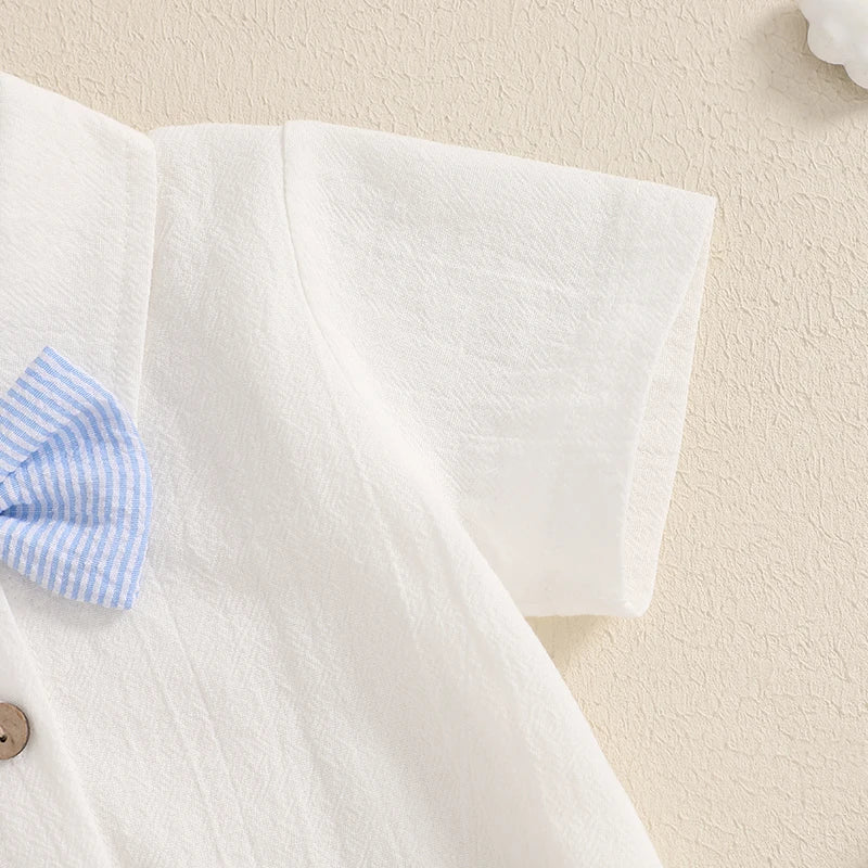 The Little Gentleman Outfit: Short Sleeve Lapel Neck Shirt Romper + Stripe Suspender Shorts + Bowtie