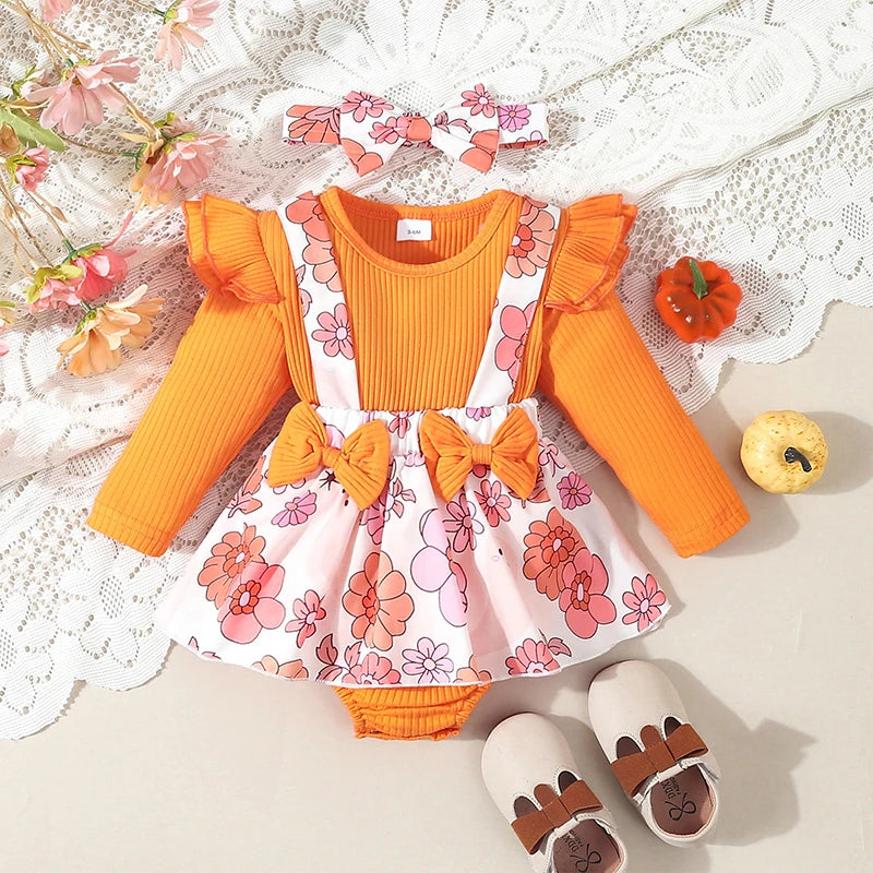 Harvest Romper Dress with Long Sleeves and Bows plus Headband- Set
