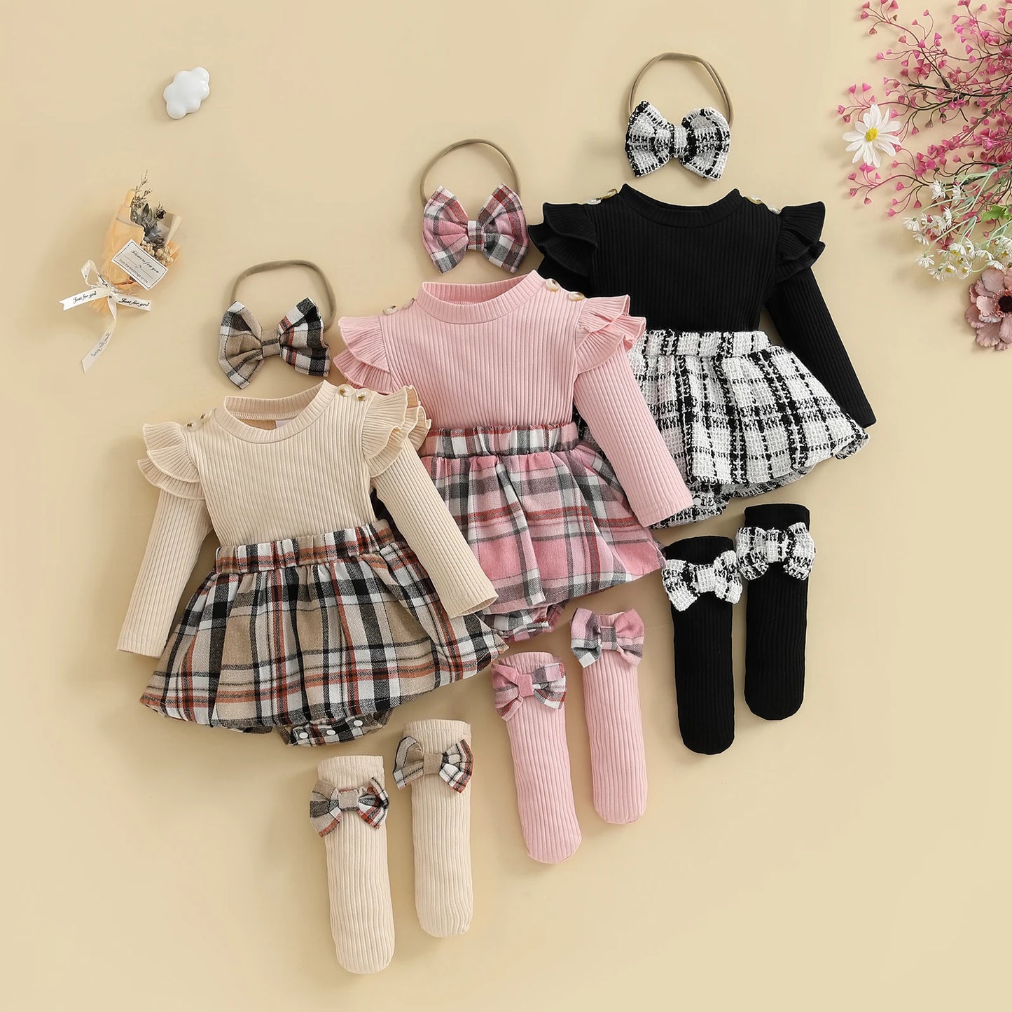 Fall Legwarmer Romper with Headband and Socks- 3pc Set