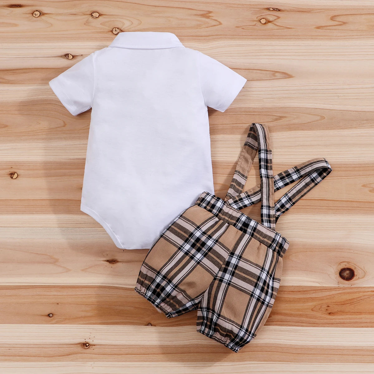 Handsome Plaid Bear Bodysuit & Suspenders Overall Newborn Outfits 0-18M