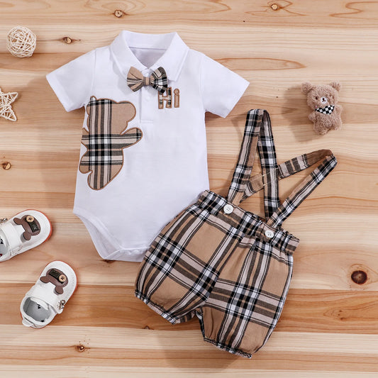 Handsome Plaid Bear Bodysuit & Suspenders Overall Newborn Outfits 0-18M