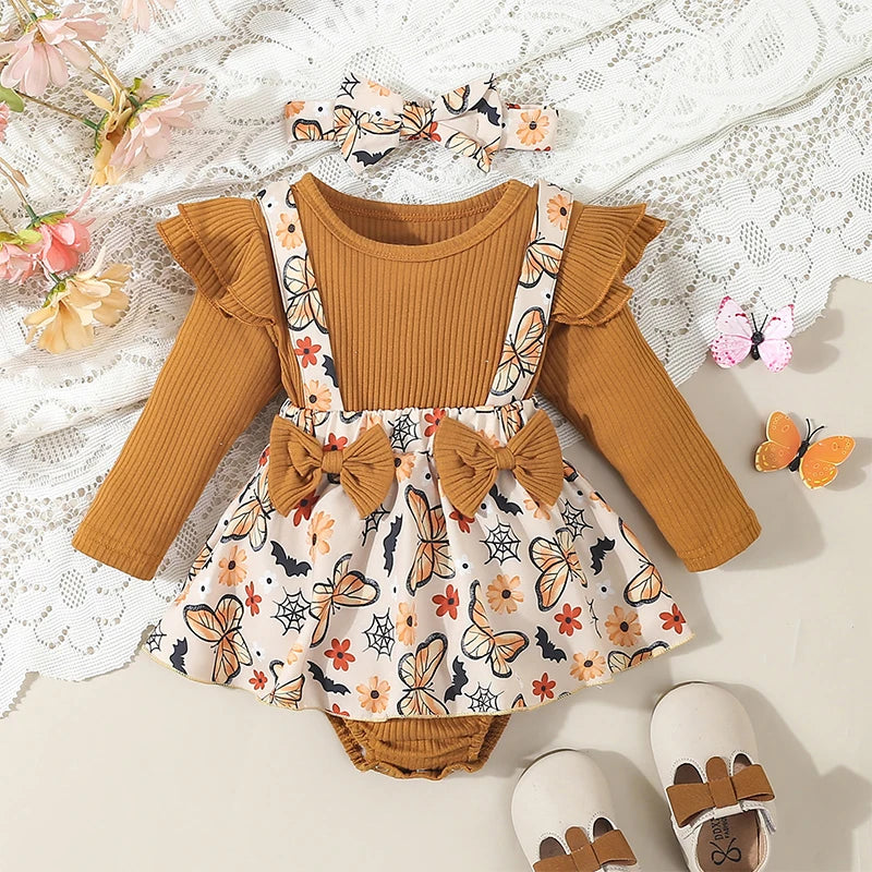 Harvest Romper Dress with Long Sleeves and Bows plus Headband- Set