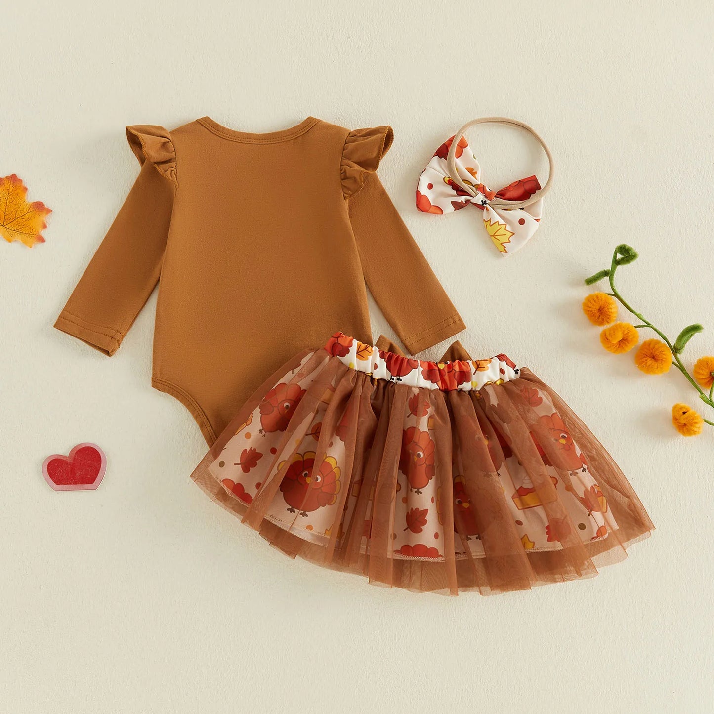 Adorable "My First Thanksgiving" 3 Pcs Outfit: Long Sleeve Romper and Mesh Skirt with Bow Headband - Set