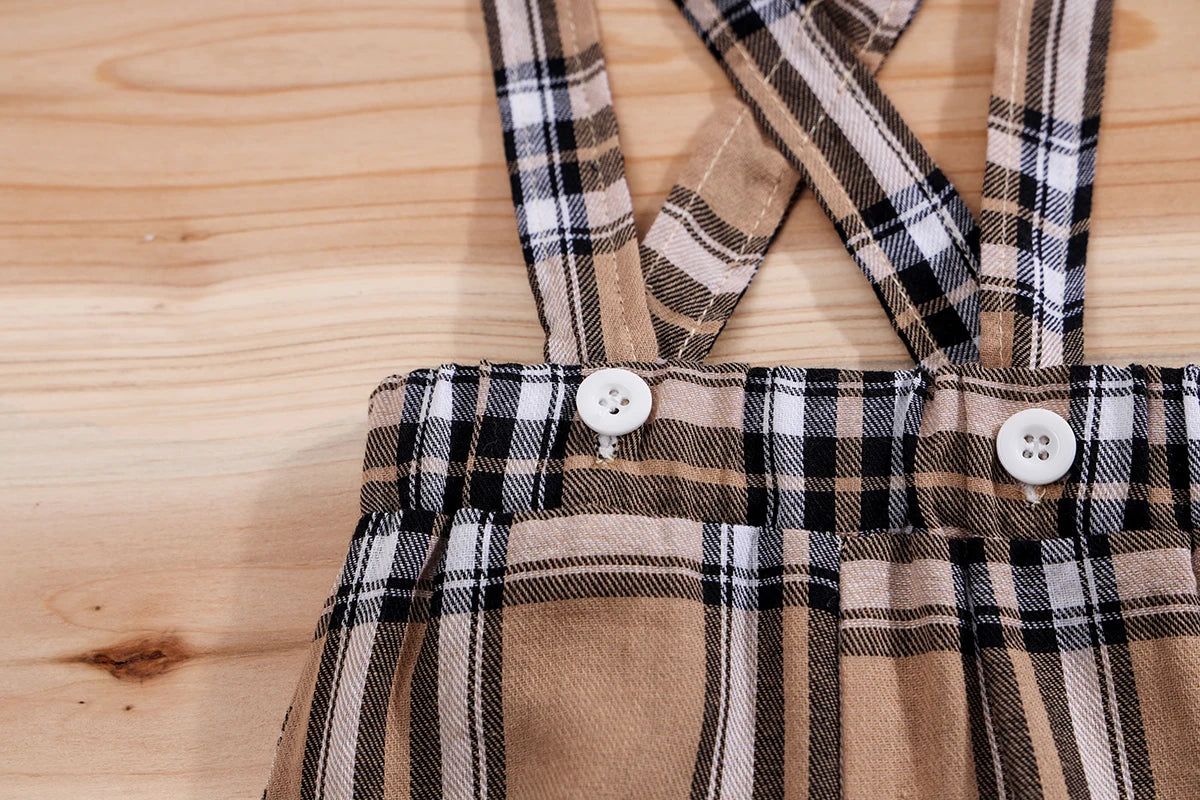 Handsome Plaid Bear Bodysuit & Suspenders Overall Newborn Outfits 0-18M