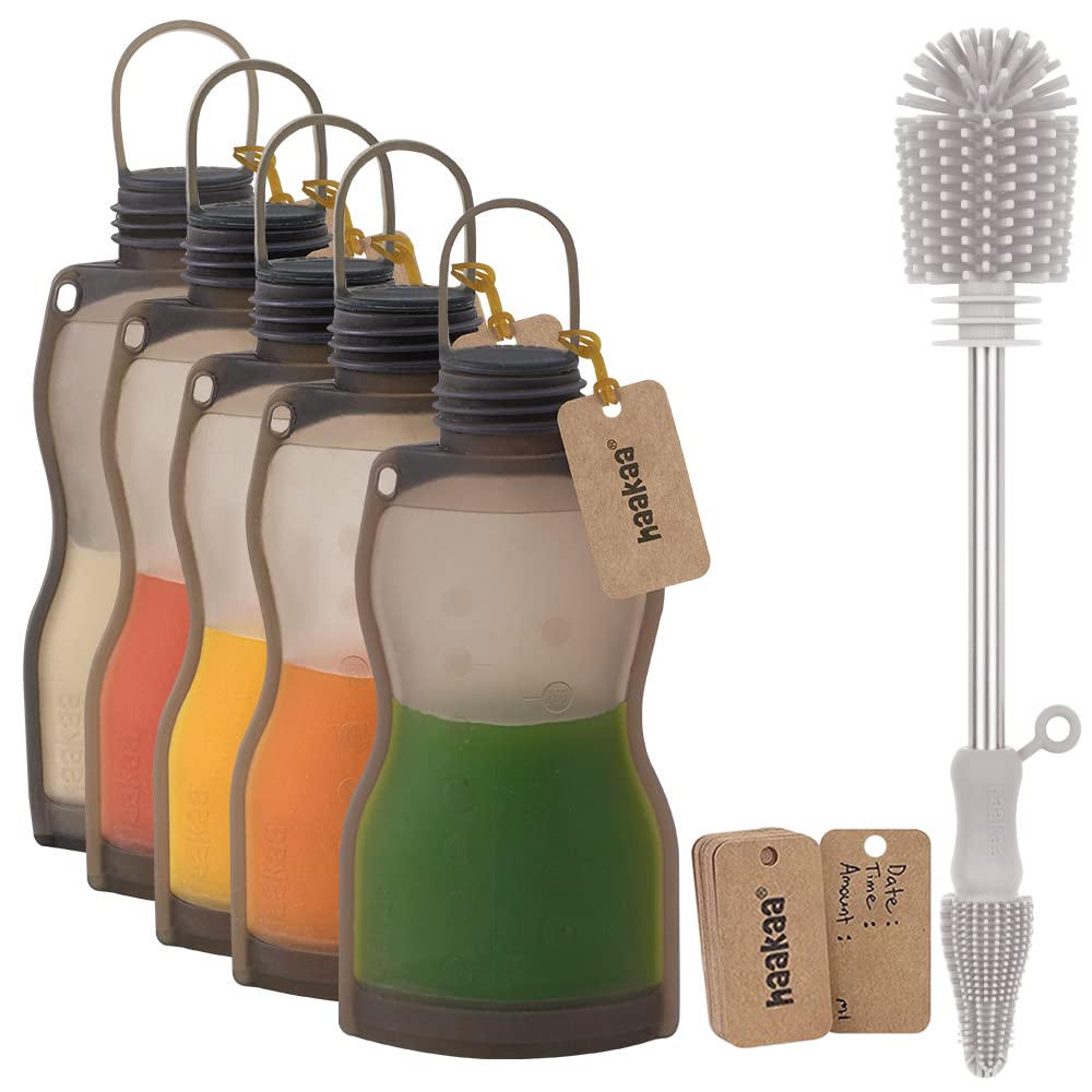 haakaa Reusable Silicone Breastmilk Storage Bag (9oz- 5pk) and Bottle Cleaning Brush Set